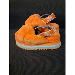UGG Women Sz 9 Disco Knot Slide Platform Genuine Shearling Slip On Sandal Orange